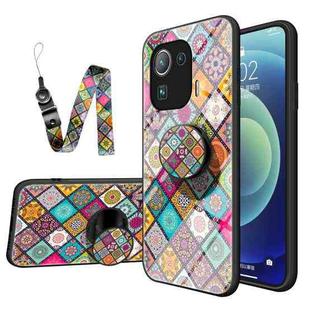 For Xiaomi Mi 11 Pro Painted Ethnic Pattern Tempered Glass TPU Shockproof Case with Folding Magnetic Holder & Neck Strap(Checkered)