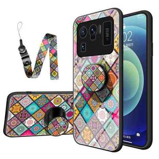 For Xiaomi Mi 11 Ultra Painted Ethnic Pattern Tempered Glass TPU Shockproof Case with Folding Magnetic Holder & Neck Strap(Checkered)