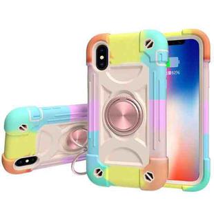 For iPhone X / XS Shockproof Silicone + PC Protective Case with Dual-Ring Holder(Colorful Rose Gold)