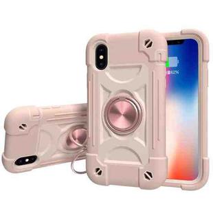 For iPhone XR Shockproof Silicone + PC Protective Case with Dual-Ring Holder(Rose Gold)