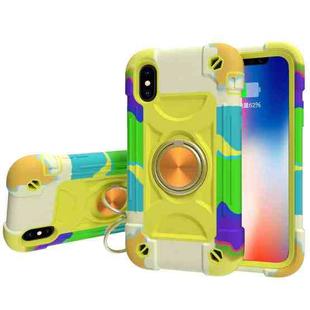 For iPhone XR Shockproof Silicone + PC Protective Case with Dual-Ring Holder(Colorful Yellow Green)