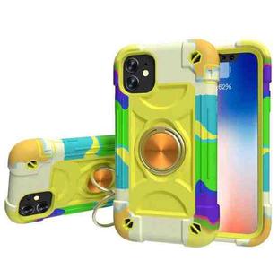 For iPhone 11 Shockproof Silicone + PC Protective Case with Dual-Ring Holder (Colorful Yellow Green)