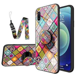 For Samsung Galaxy A02 Painted Ethnic Pattern Tempered Glass TPU Shockproof Case with Folding Magnetic Holder & Neck Strap(Colorful)