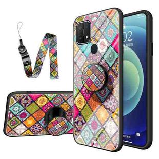 For OPPO A15 Painted Ethnic Pattern Tempered Glass TPU Shockproof Case with Folding Magnetic Holder & Neck Strap(Colorful)