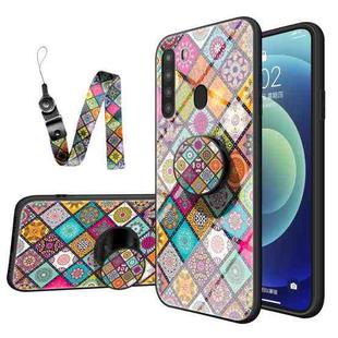 For Samsung Galaxy A21 Painted Ethnic Pattern Tempered Glass TPU Shockproof Case with Folding Magnetic Holder & Neck Strap(Checkered)