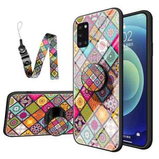 For Samsung Galaxy A31 Painted Ethnic Pattern Tempered Glass TPU Shockproof Case with Folding Magnetic Holder & Neck Strap(Colorful)