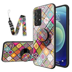 For Samsung Galaxy A52 Painted Ethnic Pattern Tempered Glass TPU Shockproof Case with Folding Magnetic Holder & Neck Strap(Colorful)