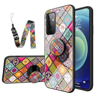 For Samsung Galaxy A72 5G Painted Ethnic Pattern Tempered Glass TPU Shockproof Case with Folding Magnetic Holder & Neck Strap(Colorful)