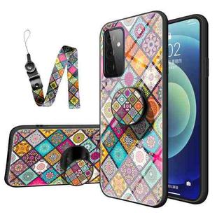 For Samsung Galaxy A72 5G Painted Ethnic Pattern Tempered Glass TPU Shockproof Case with Folding Magnetic Holder & Neck Strap(Checkered)