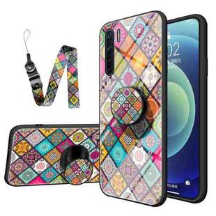 For Samsung Galaxy A91 Painted Ethnic Pattern Tempered Glass TPU Shockproof Case with Folding Magnetic Holder & Neck Strap(Checkered)