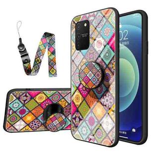 For Samsung Galaxy M80s / S10 Lite / A91 Painted Ethnic Pattern Tempered Glass TPU Shockproof Case with Folding Magnetic Holder & Neck Strap(Colorful)