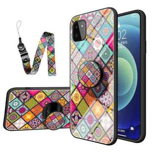 For Samsung Galaxy A22 Painted Ethnic Pattern Tempered Glass TPU Shockproof Case with Folding Magnetic Holder & Neck Strap(Colorful)