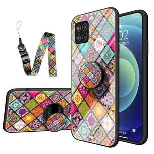 For Samsung Galaxy M42 5G Painted Ethnic Pattern Tempered Glass TPU Shockproof Case with Folding Magnetic Holder & Neck Strap(Colorful)