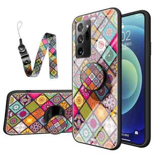 For Samsung Galaxy Note20 Painted Ethnic Pattern Tempered Glass TPU Shockproof Case with Folding Magnetic Holder & Neck Strap(Colorful)