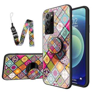 For Samsung Galaxy Note20 Ultra Painted Ethnic Pattern Tempered Glass TPU Shockproof Case with Folding Magnetic Holder & Neck Strap(Colorful)