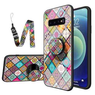 For Samsung Galaxy S10 Painted Ethnic Pattern Tempered Glass TPU Shockproof Case with Folding Magnetic Holder & Neck Strap(Checkered)