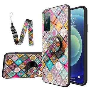 For Samsung Galaxy S20 FE Painted Ethnic Pattern Tempered Glass TPU Shockproof Case with Folding Magnetic Holder & Neck Strap(Checkered)