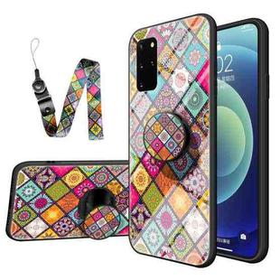 For Samsung Galaxy S20+ Painted Ethnic Pattern Tempered Glass TPU Shockproof Case with Folding Magnetic Holder & Neck Strap(Colorful)