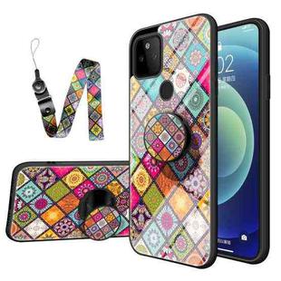 For Google Pixel 5a 5G Painted Ethnic Pattern Tempered Glass TPU Shockproof Case with Folding Magnetic Holder & Neck Strap(Colorful)