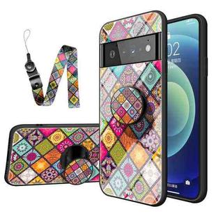 For Google Pixel 6 Pro Painted Ethnic Pattern Tempered Glass TPU Shockproof Case with Folding Magnetic Holder & Neck Strap(Colorful)
