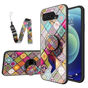 For Asus ROG Phone 5 Painted Ethnic Pattern Tempered Glass TPU Shockproof Case with Folding Magnetic Holder & Neck Strap(Colorful)