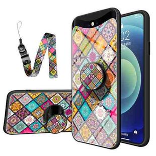 For OPPO Find X Painted Ethnic Pattern Tempered Glass TPU Shockproof Case with Folding Magnetic Holder & Neck Strap(Checkered)