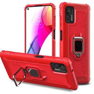 For Motorola Moto G Stylus (2021) Carbon Fiber Protective Case with 360 Degree Rotating Ring Holder(Red)