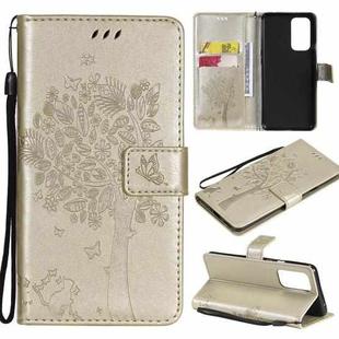 For OnePlus 9 Pro Tree & Cat Pattern Pressed Printing Horizontal Flip PU Leather Case with Holder & Card Slots & Wallet & Lanyard(Gold)