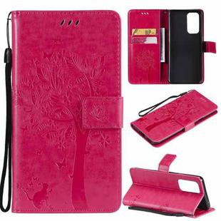 For OnePlus 9 Pro Tree & Cat Pattern Pressed Printing Horizontal Flip PU Leather Case with Holder & Card Slots & Wallet & Lanyard(Rose Red)