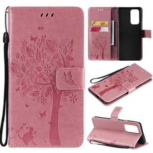For OnePlus 9 Pro Tree & Cat Pattern Pressed Printing Horizontal Flip PU Leather Case with Holder & Card Slots & Wallet & Lanyard(Pink)