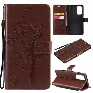 For OnePlus 9 Pro Tree & Cat Pattern Pressed Printing Horizontal Flip PU Leather Case with Holder & Card Slots & Wallet & Lanyard(Coffee)