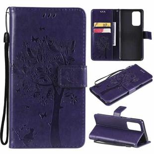 For OnePlus 9 Pro Tree & Cat Pattern Pressed Printing Horizontal Flip PU Leather Case with Holder & Card Slots & Wallet & Lanyard(Purple)