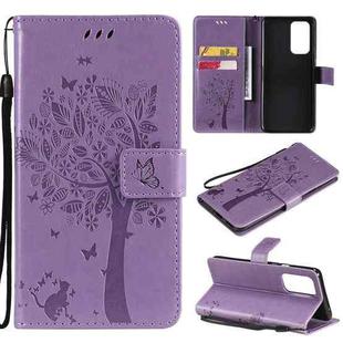 For OnePlus 9 Pro Tree & Cat Pattern Pressed Printing Horizontal Flip PU Leather Case with Holder & Card Slots & Wallet & Lanyard(Light Purple)