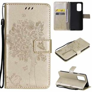 For OnePlus 9 Tree & Cat Pattern Pressed Printing Horizontal Flip PU Leather Case with Holder & Card Slots & Wallet & Lanyard(Gold)