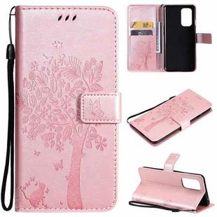 For OnePlus 9 Tree & Cat Pattern Pressed Printing Horizontal Flip PU Leather Case with Holder & Card Slots & Wallet & Lanyard(Rose Gold)