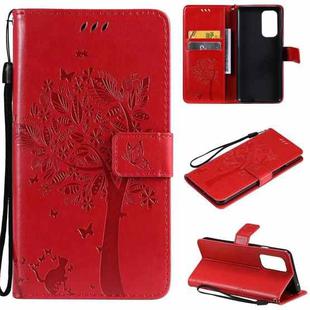 For OnePlus 9 Tree & Cat Pattern Pressed Printing Horizontal Flip PU Leather Case with Holder & Card Slots & Wallet & Lanyard(Red)