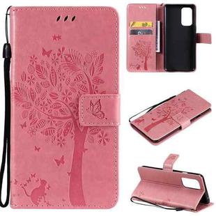 For OnePlus 9 Tree & Cat Pattern Pressed Printing Horizontal Flip PU Leather Case with Holder & Card Slots & Wallet & Lanyard(Pink)