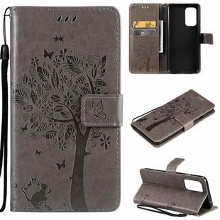 For OnePlus 9 Tree & Cat Pattern Pressed Printing Horizontal Flip PU Leather Case with Holder & Card Slots & Wallet & Lanyard(Grey)