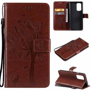For OnePlus 9 Tree & Cat Pattern Pressed Printing Horizontal Flip PU Leather Case with Holder & Card Slots & Wallet & Lanyard(Coffee)