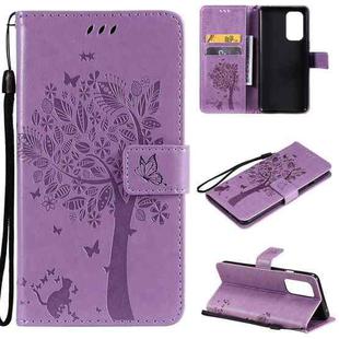 For OnePlus 9 Tree & Cat Pattern Pressed Printing Horizontal Flip PU Leather Case with Holder & Card Slots & Wallet & Lanyard(Light Purple)