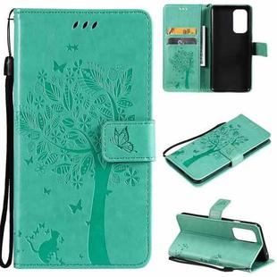 For OnePlus 9 Tree & Cat Pattern Pressed Printing Horizontal Flip PU Leather Case with Holder & Card Slots & Wallet & Lanyard(Green)