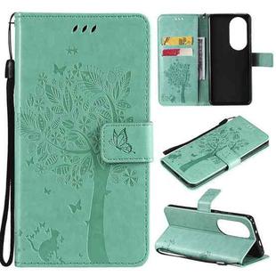 For Huawei P50 Pro Tree & Cat Pattern Pressed Printing Horizontal Flip PU Leather Case with Holder & Card Slots & Wallet & Lanyard(Green)