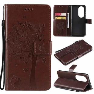 For Huawei P50 Pro Tree & Cat Pattern Pressed Printing Horizontal Flip PU Leather Case with Holder & Card Slots & Wallet & Lanyard(Coffee)