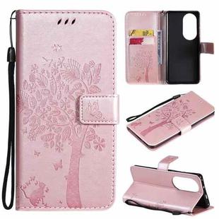 For Huawei P50 Pro Tree & Cat Pattern Pressed Printing Horizontal Flip PU Leather Case with Holder & Card Slots & Wallet & Lanyard(Rose Gold)