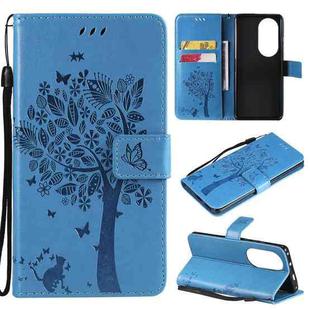 For Huawei P50 Pro Tree & Cat Pattern Pressed Printing Horizontal Flip PU Leather Case with Holder & Card Slots & Wallet & Lanyard(Blue)