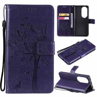 For Huawei P50 Pro Tree & Cat Pattern Pressed Printing Horizontal Flip PU Leather Case with Holder & Card Slots & Wallet & Lanyard(Purple)