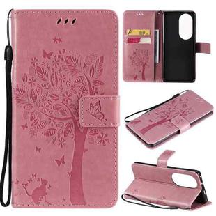 For Huawei P50 Pro Tree & Cat Pattern Pressed Printing Horizontal Flip PU Leather Case with Holder & Card Slots & Wallet & Lanyard(Pink)