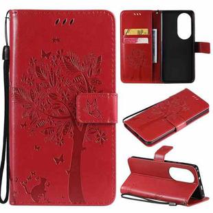 For Huawei P50 Pro Tree & Cat Pattern Pressed Printing Horizontal Flip PU Leather Case with Holder & Card Slots & Wallet & Lanyard(Red)