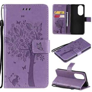 For Huawei P50 Tree & Cat Pattern Pressed Printing Horizontal Flip PU Leather Case with Holder & Card Slots & Wallet & Lanyard(Light Purple)