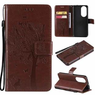 For Huawei P50 Tree & Cat Pattern Pressed Printing Horizontal Flip PU Leather Case with Holder & Card Slots & Wallet & Lanyard(Coffee)